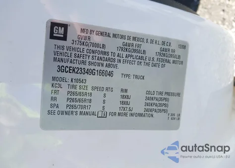 2009 Chevrolet Silverado 1500 Lt z USA, uszkodzony, nr VIN 3GCEK23349G166046